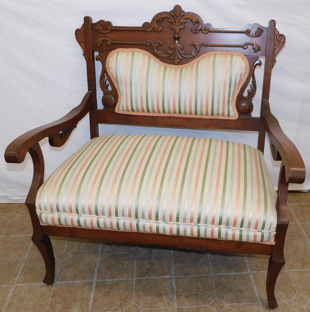 Antique Mahogany Empire Loveseat: Antique Mahogany Empire Loveseat. 35 1/2" x 37 1/4" "ALL DESCRIPTIONS AND ANY CONDITION STATEMENT GIVEN BY LANGSTON AUCTION GALLERY ARE STRICTLY OPINIONS AND LANGSTON'S SHALL HAVE NO RESPONSIBILITY FO
