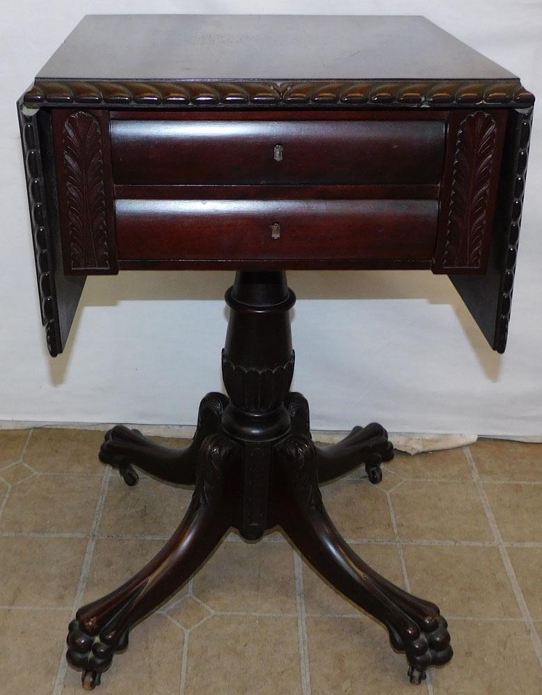 Antique Carved Mahogany 2 Drawer Drop-Leaf Night Stand with Claw Feet (1 of 5)