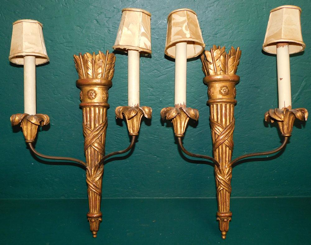 Pair of Gilded Carved Wood 2 Light Sconces (1 of 3)