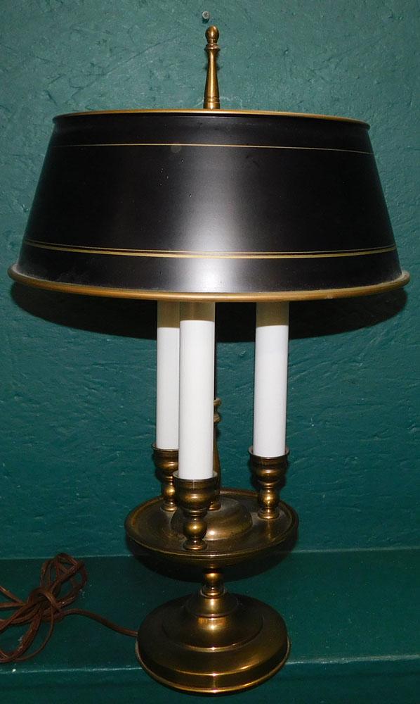 Gilded Metal Bouillotte Lamp with Tole Shade: Gilded Metal Bouillotte Lamp with Tole Shade . 24" H ALL DESCRIPTIONS AND ANY CONDITION STATEMENT GIVEN BY LANGSTON AUCTION GALLERY ARE STRICTLY OPINIONS AND LANGSTON'S SHALL HAVE NO RESPONSIBILITY FO