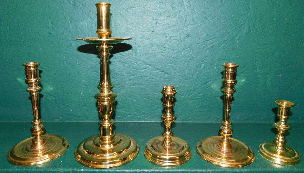 5 Cast Brass Candlesticks, (4 by Baldwin) (1 of 2)