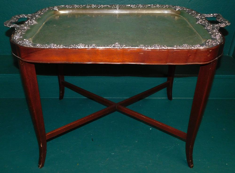 Silverplated 2 Handle Serving Tray on Mahogany Stand (1 of 6)