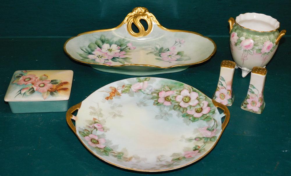6 Pieces of Hand Painted French & Bavarian Porcelain with Pink Flowers: 6 Pieces of Hand Painted French & Bavarian Porcelain with Pink Flowers. Up to 12 1/2" W ALL DESCRIPTIONS AND ANY CONDITION STATEMENT GIVEN BY LANGSTON AUCTION GALLERY ARE STRICTLY OPINIONS AND LANGSTO