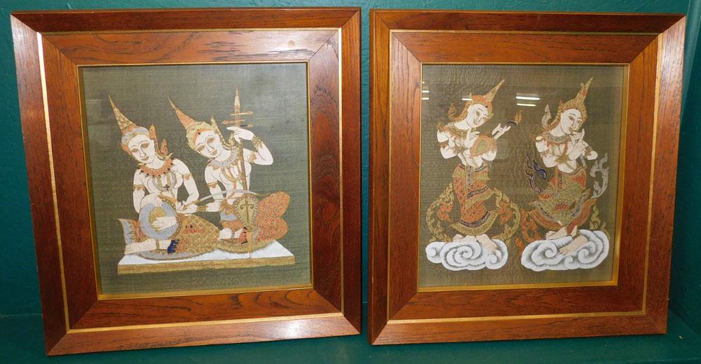 Pair of Teakwood Framed Tibetan Watercolors or Paintings on Silk: Pair of Teakwood Framed Tibetan Watercolors or Paintings on Silk. 24 1/2" x 26" ALL DESCRIPTIONS AND ANY CONDITION STATEMENT GIVEN BY LANGSTON AUCTION GALLERY ARE STRICTLY OPINIONS AND LANGSTON'S SHAL