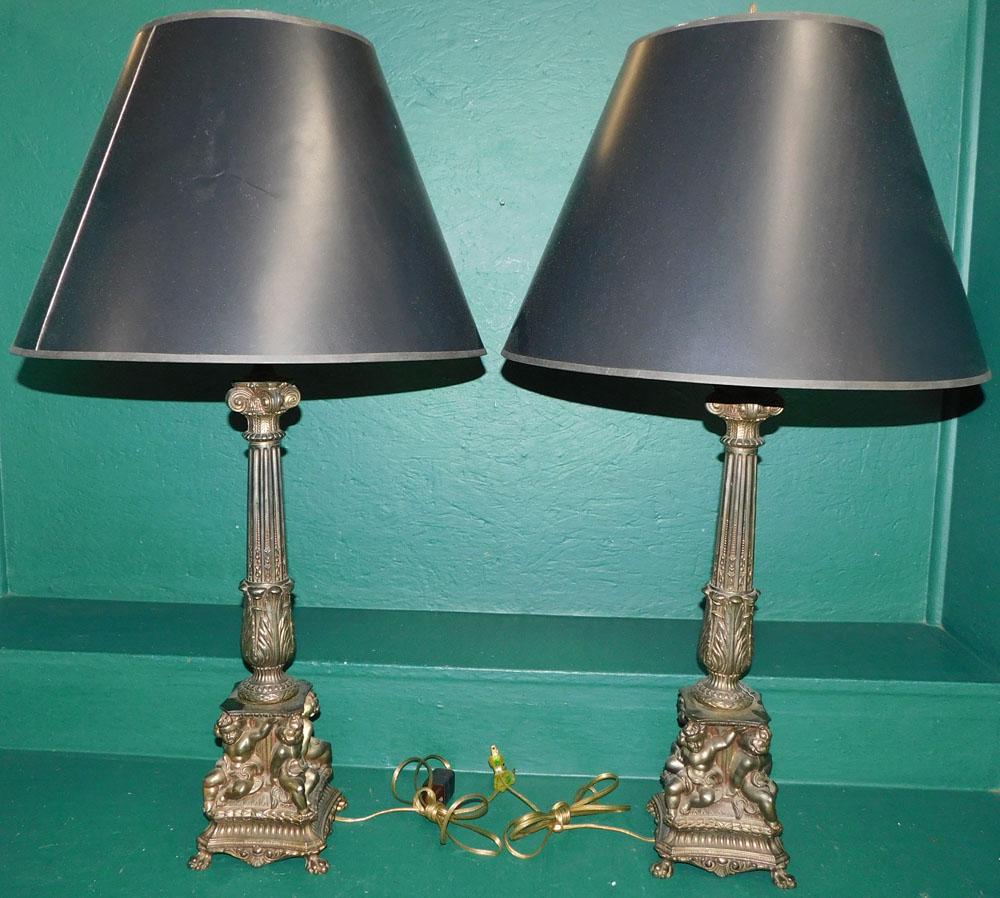 Pair of Gilded Metal Lamps with Cherub Motif Base (1 of 3)