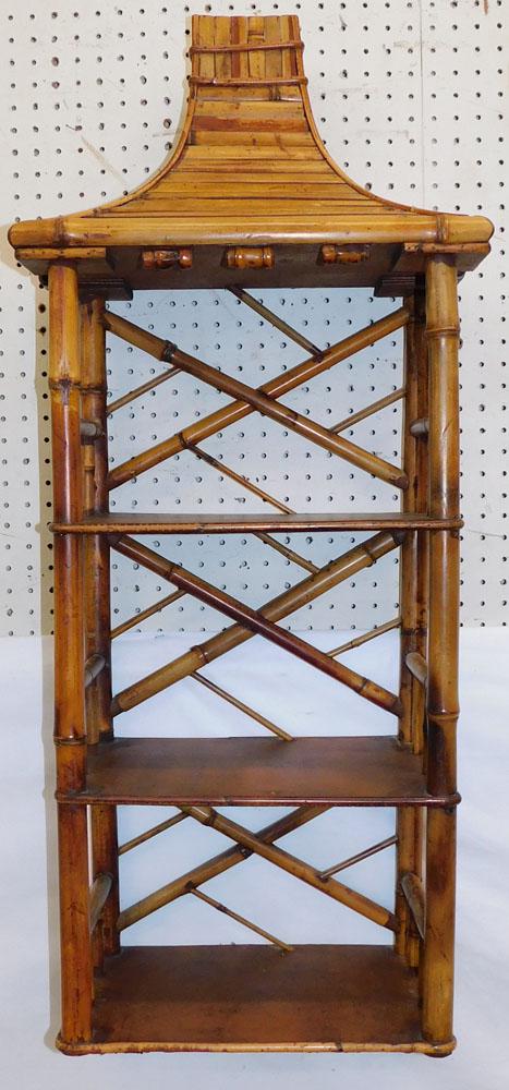 Oriental Bamboo Pagoda Top Wall Shelf: Oriental Bamboo Pagoda Top Wall Shelf . 16 1/4" W 9 3/4" D 46" H ALL DESCRIPTIONS AND ANY CONDITION STATEMENT GIVEN BY LANGSTON AUCTION GALLERY ARE STRICTLY OPINIONS AND LANGSTON'S SHALL HAVE NO RESPO