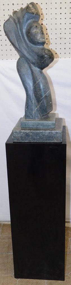 Carved Stone Eskimo Art Sculpture on Black Lacquered Pedestal (1 of 4)