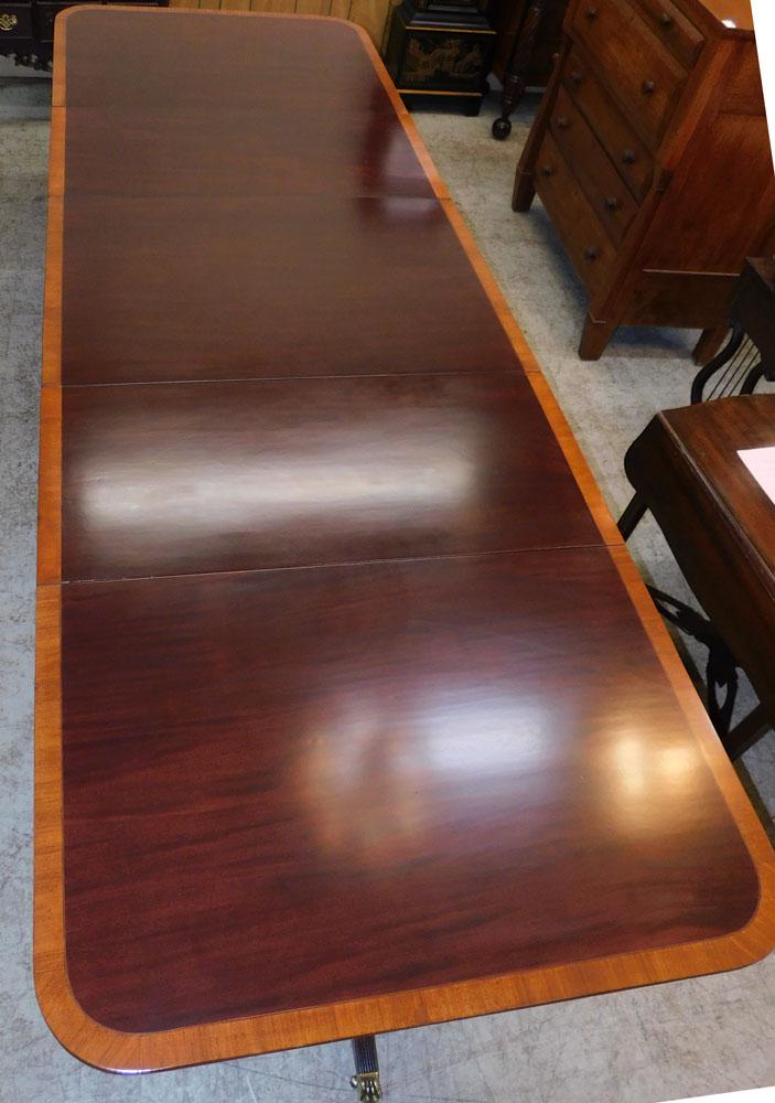 Antique Mahogany Satinwood Banded Top 3 Pedestal Dining Table with 2 Leaves (1 of 10)