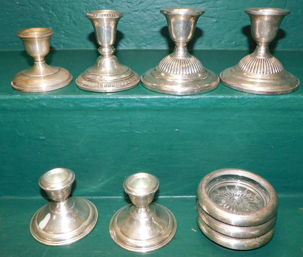 6 Sterling Weighted Candlesticks & 3 Sterling Rimmed Coasters (1 of 1)