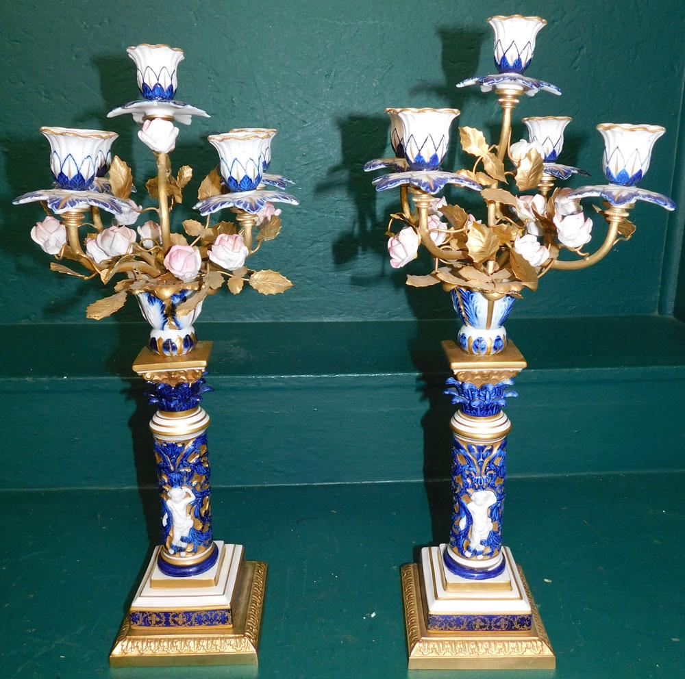 Pair of Porcelain & Gilded Metal 5 Light Candelabras with Cupid Motif (1 of 5)