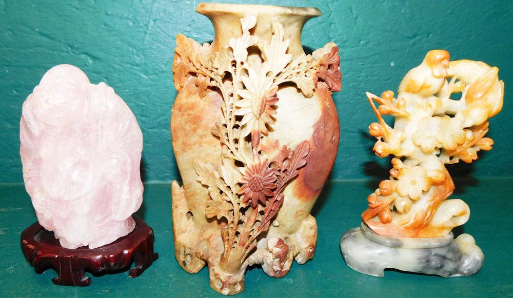 Carved Soapstone Vase, Soapstone Bird Figurine, & Pink Jade Buddha (1 of 5)