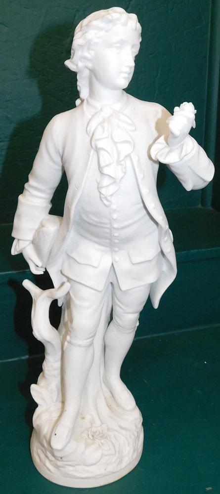 Parian Figurine of a Gentleman: Parian Figurine of a Gentleman . 18" H ALL DESCRIPTIONS AND ANY CONDITION STATEMENT GIVEN BY LANGSTON AUCTION GALLERY ARE STRICTLY OPINIONS AND LANGSTON'S SHALL HAVE NO RESPONSIBILITY FOR ERRORS OR OM