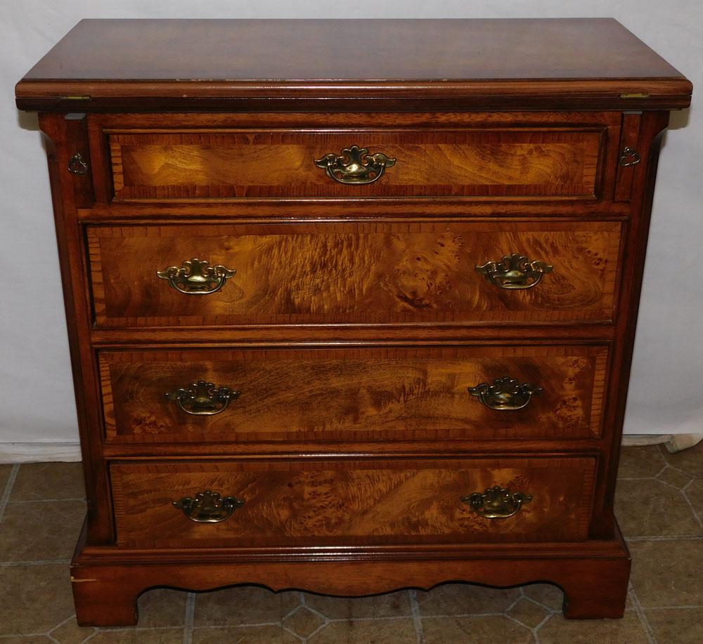 Cherry & Burl Wood Inlaid 4 Drawer Night Stand with Fold Over Top (1 of 7)
