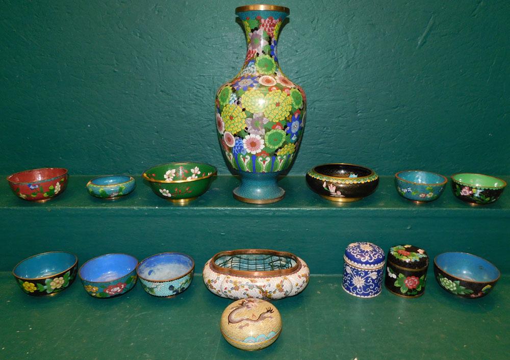 15 Pieces of Cloisonne, (Bowls, Covered Boxes, & Vase) (1 of 7)