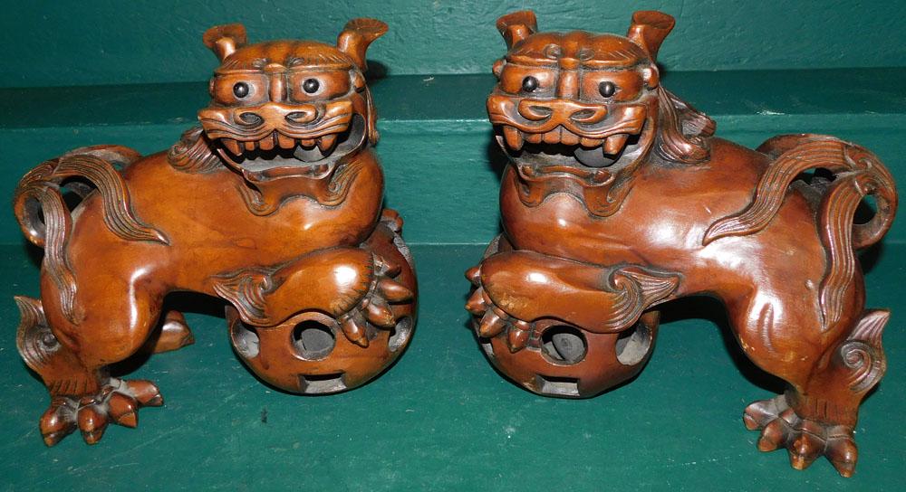 Pair of Carved Wood Oriental Foo Dogs with Glass Eyes (1 of 6)