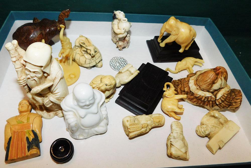 Lot of Carved Bone & Wood Netsukes & Figurines: Lot of Carved Bone & Wood Netsukes & Figurines . Up to 3" H ALL DESCRIPTIONS AND ANY CONDITION STATEMENT GIVEN BY LANGSTON AUCTION GALLERY ARE STRICTLY OPINIONS AND LANGSTON'S SHALL HAVE NO RESPONSIBI