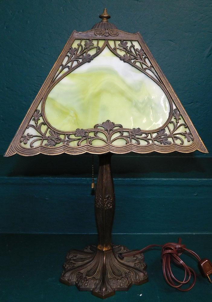 Antique Slag Glass Table Lamp: Antique Slag Glass Table Lamp . 20" H ALL DESCRIPTIONS AND ANY CONDITION STATEMENT GIVEN BY LANGSTON AUCTION GALLERY ARE STRICTLY OPINIONS AND LANGSTON'S SHALL HAVE NO RESPONSIBILITY FOR ERRORS OR OMI