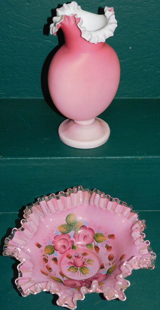 Fenton Satin Glass Pink Vase & Fenton Paint Decorated Brides Basket (1 of 4)