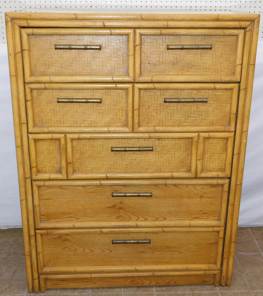 Mid Century Modern Faux Bamboo 5 Drawer Chest by Lea Furniture: Mid Century Modern Faux Bamboo 5 Drawer Chest by Lea Furniture. 38 1/2" W 18 1/2" D 50" H ALL DESCRIPTIONS AND ANY CONDITION STATEMENT GIVEN BY LANGSTON AUCTION GALLERY ARE STRICTLY OPINIONS AND LANGS