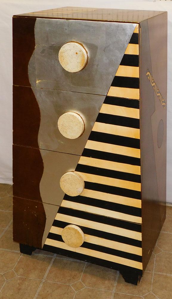 Painted Modernistic 4 Drawer Lingerie Chest: Painted Modernistic 4 Drawer Lingerie Chest . 24" W 18" D 42 1/4" H ALL DESCRIPTIONS AND ANY CONDITION STATEMENT GIVEN BY LANGSTON AUCTION GALLERY ARE STRICTLY OPINIONS AND LANGSTON'S SHALL HAVE NO RE