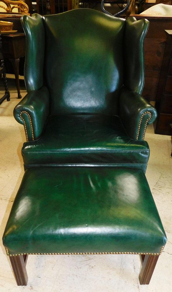 Green Leather Chippendale Style Chair & Ottoman by Hancock & Moore (1 of 9)