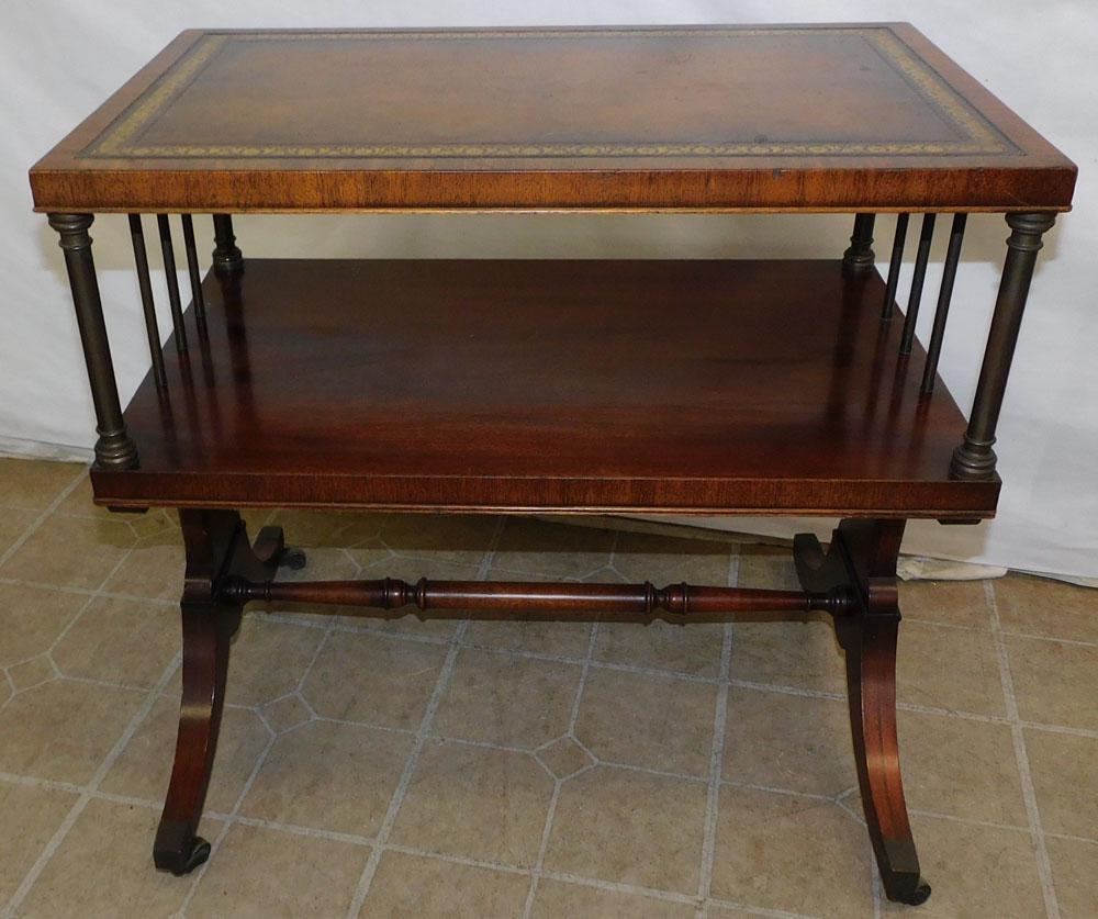 Mahogany & Tooled Leather Top 2 Tier End Table (1 of 3)