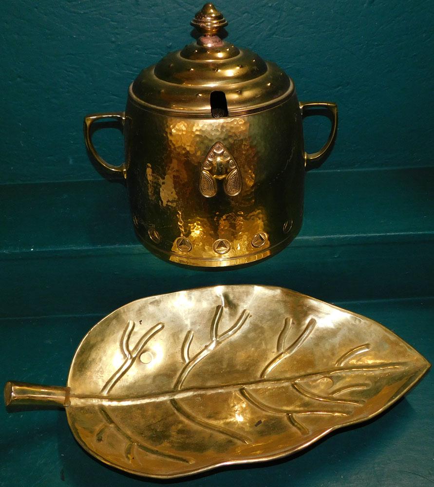 Brass Covered Punch Bowl & Tobacco Leaf Form Tray: Brass Covered Punch Bowl & Tobacco Leaf Form Tray . Up to 13 1/2" H ALL DESCRIPTIONS AND ANY CONDITION STATEMENT GIVEN BY LANGSTON AUCTION GALLERY ARE STRICTLY OPINIONS AND LANGSTON'S SHALL HAVE NO RE