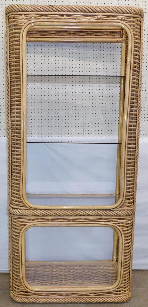 Rattan & Glass Bookshelf: Rattan & Glass Bookshelf . 33" W 17 1/2" D 74" H ALL DESCRIPTIONS AND ANY CONDITION STATEMENT GIVEN BY LANGSTON AUCTION GALLERY ARE STRICTLY OPINIONS AND LANGSTON'S SHALL HAVE NO RESPONSIBILITY FOR ER