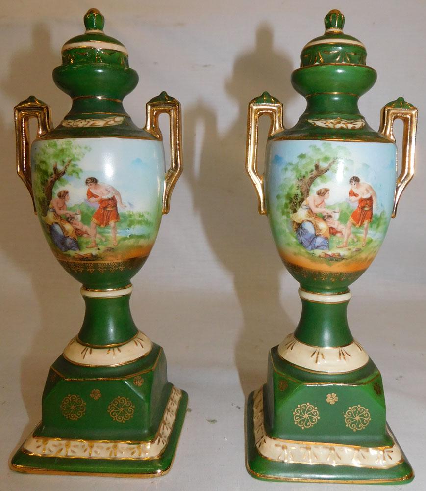 Pair of Diminutive Paint Decorated Porcelain Covered Urns (1 of 6)