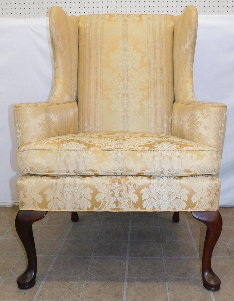 Mahogany Queen Anne Style Wing Chair with Down Cushion by Hickory Chair: Mahogany Queen Anne Style Wing Chair with Down Cushion by Hickory Chair. 43 1/2" H ALL DESCRIPTIONS AND ANY CONDITION STATEMENT GIVEN BY LANGSTON AUCTION GALLERY ARE STRICTLY OPINIONS AND LANGSTON'S S