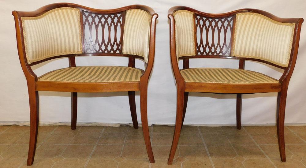 Pair of Mahogany & Upholstered Arm Chairs: Pair of Mahogany & Upholstered Arm Chairs. 30 3/4" H ALL DESCRIPTIONS AND ANY CONDITION STATEMENT GIVEN BY LANGSTON AUCTION GALLERY ARE STRICTLY OPINIONS AND LANGSTON'S SHALL HAVE NO RESPONSIBILITY FO
