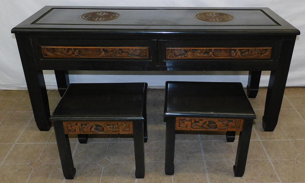 Carved Teakwood High Relief 3 Piece Oriental Dining Set (1 of 10)
