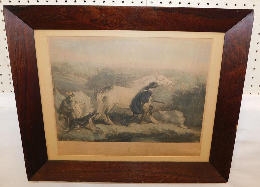 Antique Rosewood Framed Colored Hunt Scene Engraving (1 of 2)