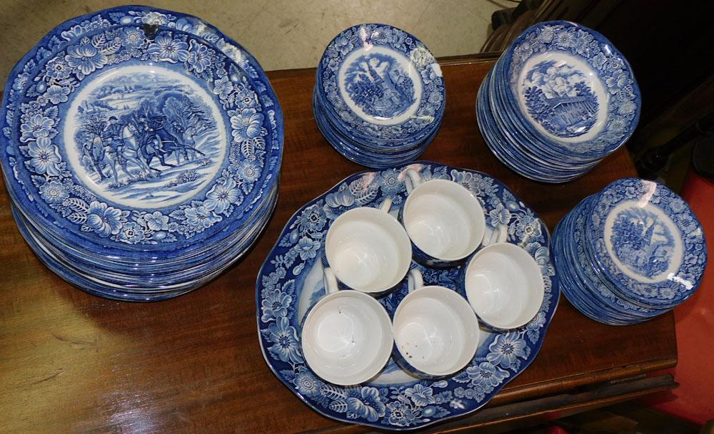 62 Pieces of Blue & White Historical Staffordshire Ironstone: 62 Pieces of Blue & White Historical Staffordshire Ironstone . ALL DESCRIPTIONS AND ANY CONDITION STATEMENT GIVEN BY LANGSTON AUCTION GALLERY ARE STRICTLY OPINIONS AND LANGSTON'S SHALL HAVE NO RESPONS