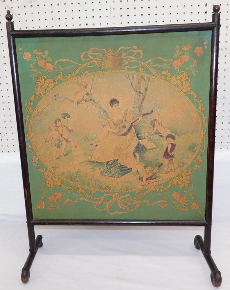 Antique Oak & Fabric Firescreen: Antique Oak & Fabric Firescreen. 24 1/2" x 31 3/4" ALL DESCRIPTIONS AND ANY CONDITION STATEMENT GIVEN BY LANGSTON AUCTION GALLERY ARE STRICTLY OPINIONS AND LANGSTON'S SHALL HAVE NO RESPONSIBILITY FOR