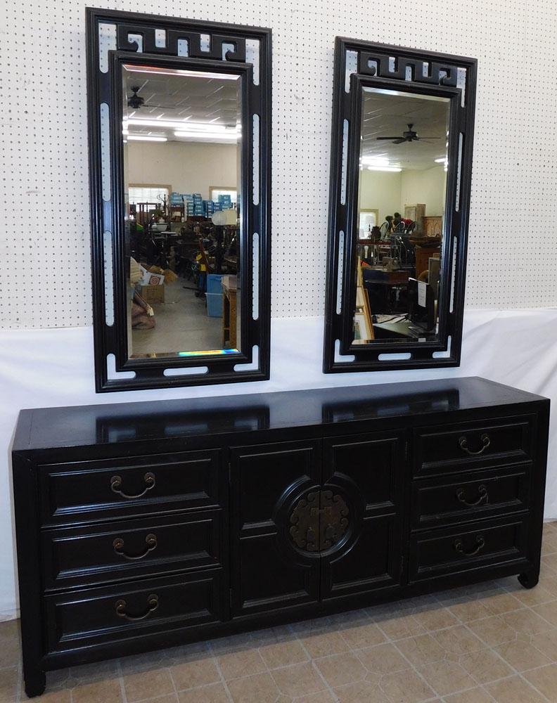 Black Lacquered Oriental Style 9 Drawer 2 Door Double Mirror Dresser by Century (1 of 11)