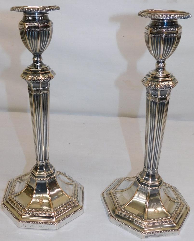 Pair of Antique Sheffield Candlesticks with Lion & Bird Engravings (1 of 6)