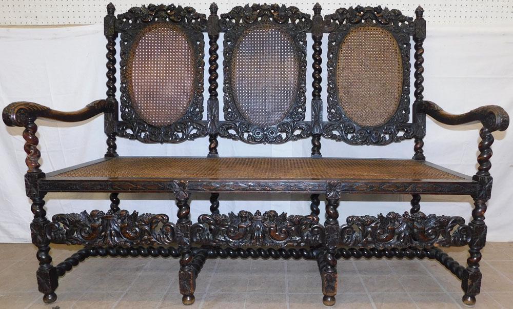 Antique Carved Walnut Settee with Cane Back & Bottom (1 of 6)