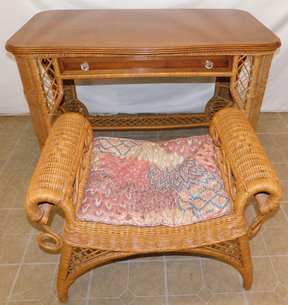 Cherry & Wicker Desk with Wicker Bench by Henry Link (1 of 10)