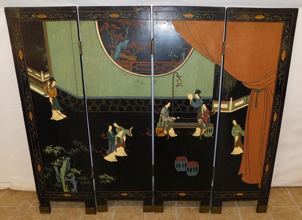 4 Panel Diminutive Black Lacquered Paint Decorated Oriental Screen (1 of 6)