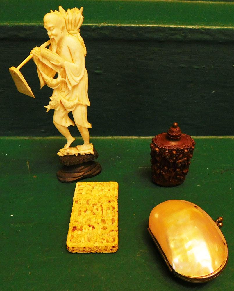 Carved Bone Figure, Carved Bone Box, Resin Snuff Box, & Ladies Mother of Pearl Coin Purse: Carved Bone Figure, Carved Bone Box, Resin Snuff Box, & Ladies Mother of Pearl Coin Purse . ALL DESCRIPTIONS AND ANY CONDITION STATEMENT GIVEN BY LANGSTON AUCTION GALLERY ARE STRICTLY OPINIONS AND LAN