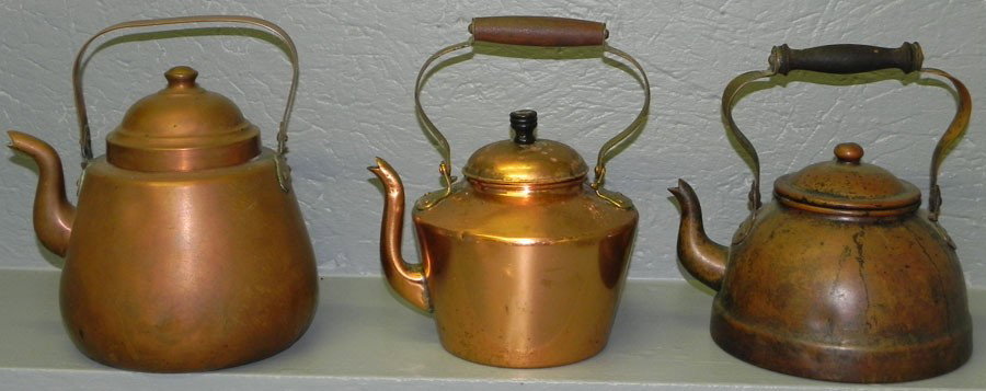 3 copper kettles.: (3) copper kettles.