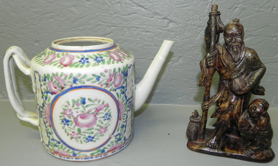 Carved soapstone Or. figurine & export tea pot.: Carved soapstone Oriental figurine and export tea pot.