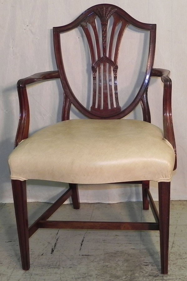 Wheat carved shield back Hepplewhite arm chair.: Wheat carved shield back Hepplewhite arm chair.
