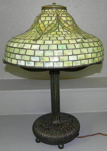 Signed Tiffany Studios, NY Stained gl. & br. lamp.: Signed Tiffany Studios, NY No. 364 Stained glass and bronze lamp. Shade is 16" diameter and 8" tall. Base is 15" tall. 23" tall overall.