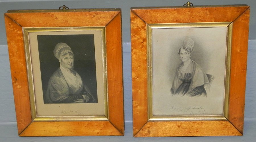 (2) birds eye maple miniature framed portraits: (2) birds eye maple miniature framed portraits of ladies. 8 1/2" x 7".