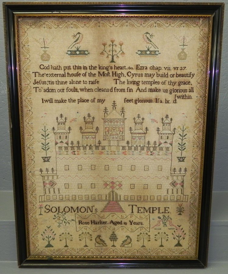 Needlework sampler signed Rose Harker: Needlework sampler signed Rose Harker, Aged 12 years. 24" x 31 1/2".