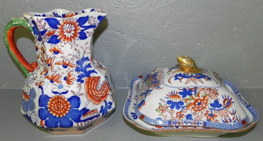 Ironstone pitcher and Spode covered dish.: Ironstone pitcher and Spode covered dish. Pitcher is 8 1/4" tall, dish is 8 1/2" square.