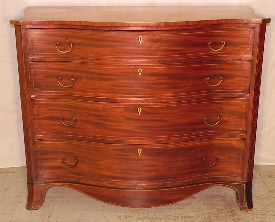 Period mahog serpentine front Hepplewhite chest: Period mahogany serpentine front inlaid Hepplewhite chest with original hardware. 47 1/2" wide x 22 7/8" deep x 38 1/2" tall.