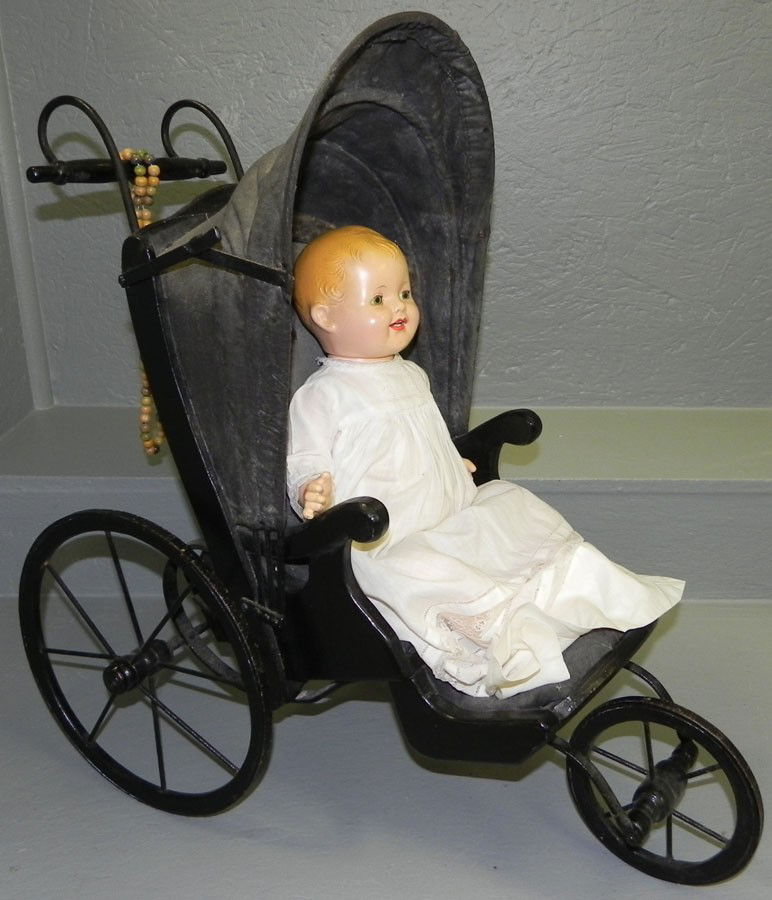 3 wheel doll carriage & Effanbee composition doll: Very unusual 3 wheel doll carriage with original canvas and Effanbee composition doll .
